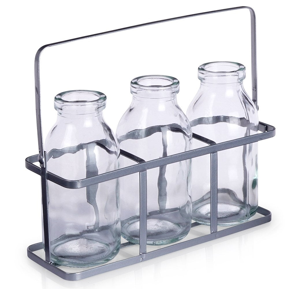 Set of 3 elegant glass vases on a stylish metal stand