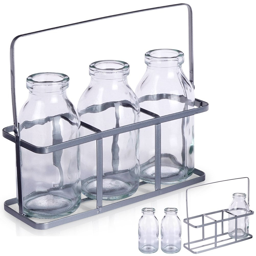 Set of 3 elegant glass vases on a stylish metal stand