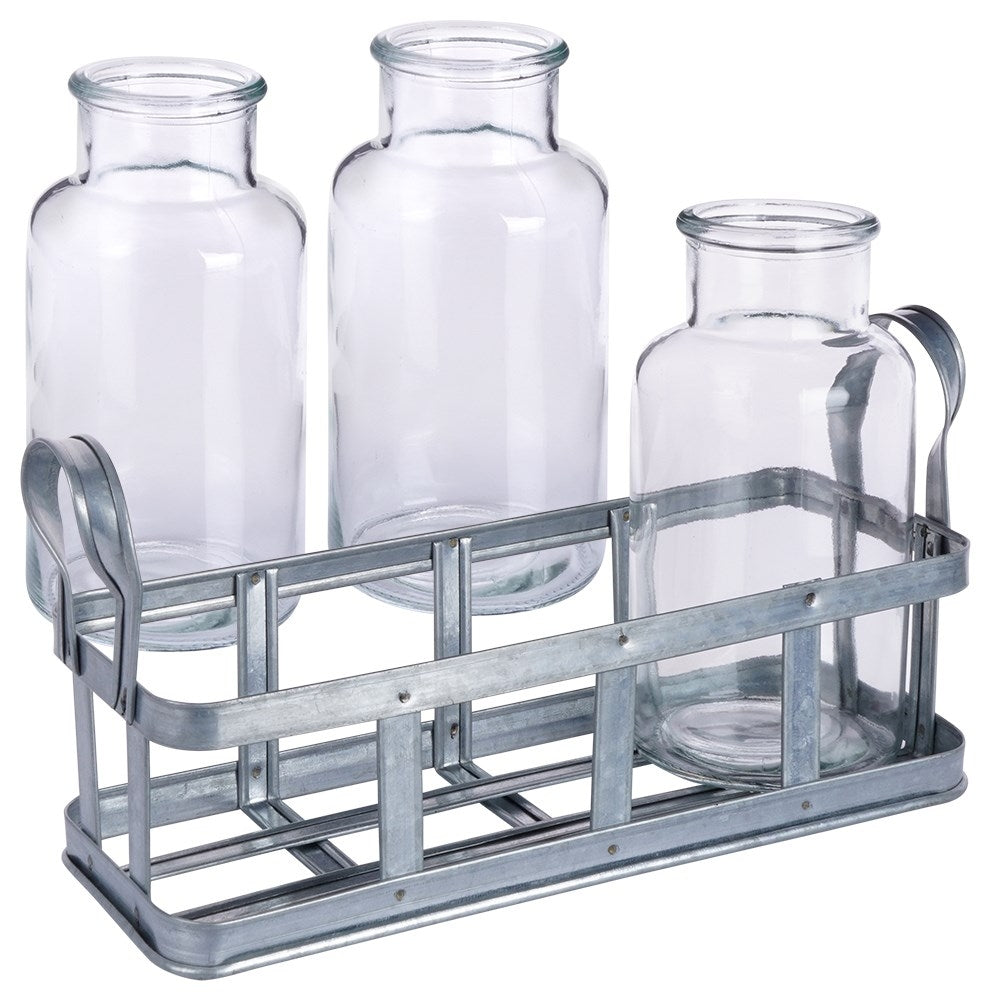 Set of 3 elegant glass vases on a stylish metal stand
