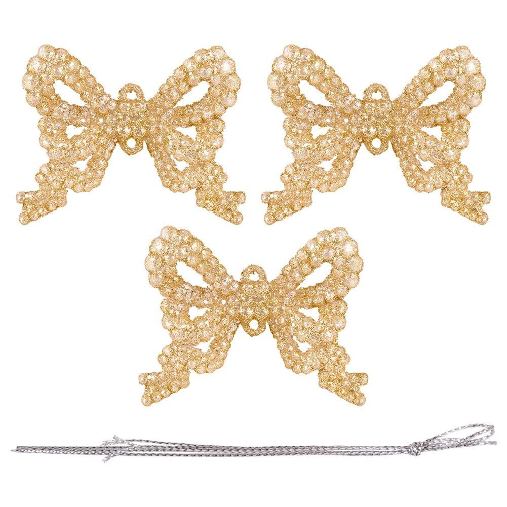 Set of 3 glittering Christmas baubles in the shape of a bow