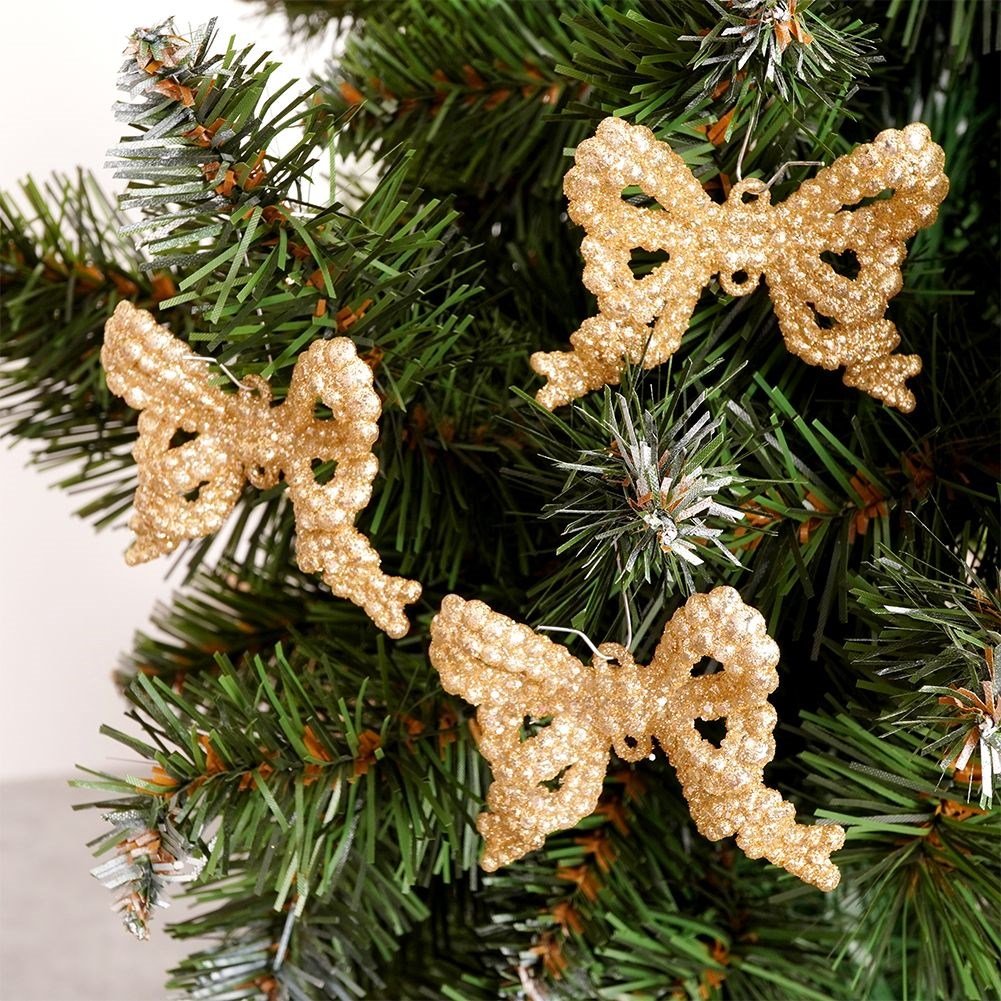 Set of 3 glittering Christmas baubles in the shape of a bow
