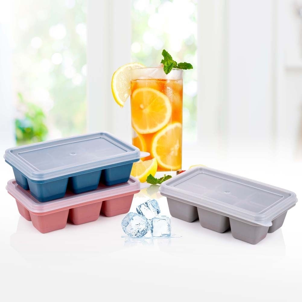Set of 3 ice molds with lids and flexible bottoms