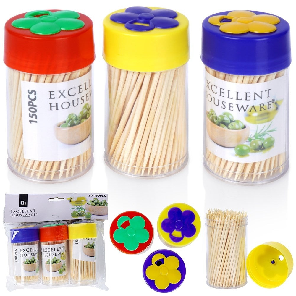 Set of 3 packs of wooden toothpicks, 150 pcs per pack