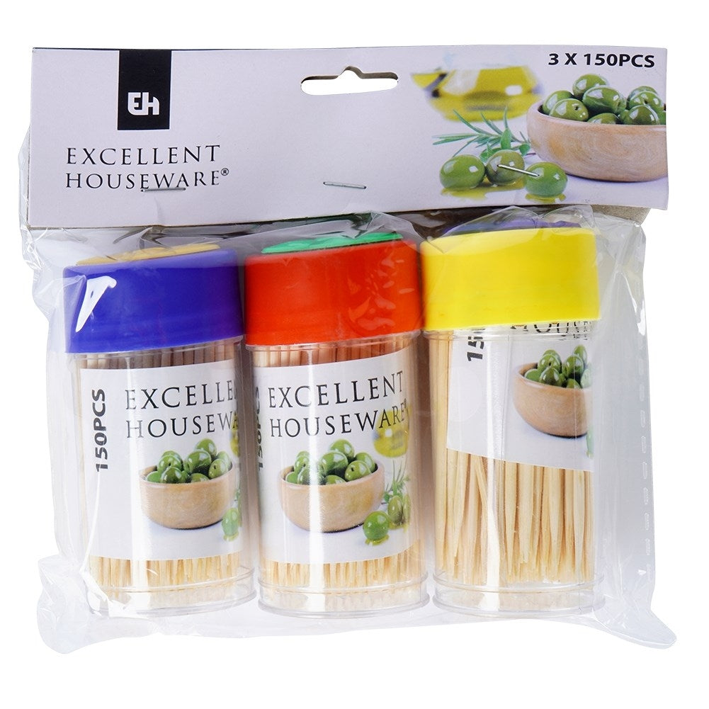 Set of 3 packs of wooden toothpicks, 150 pcs per pack