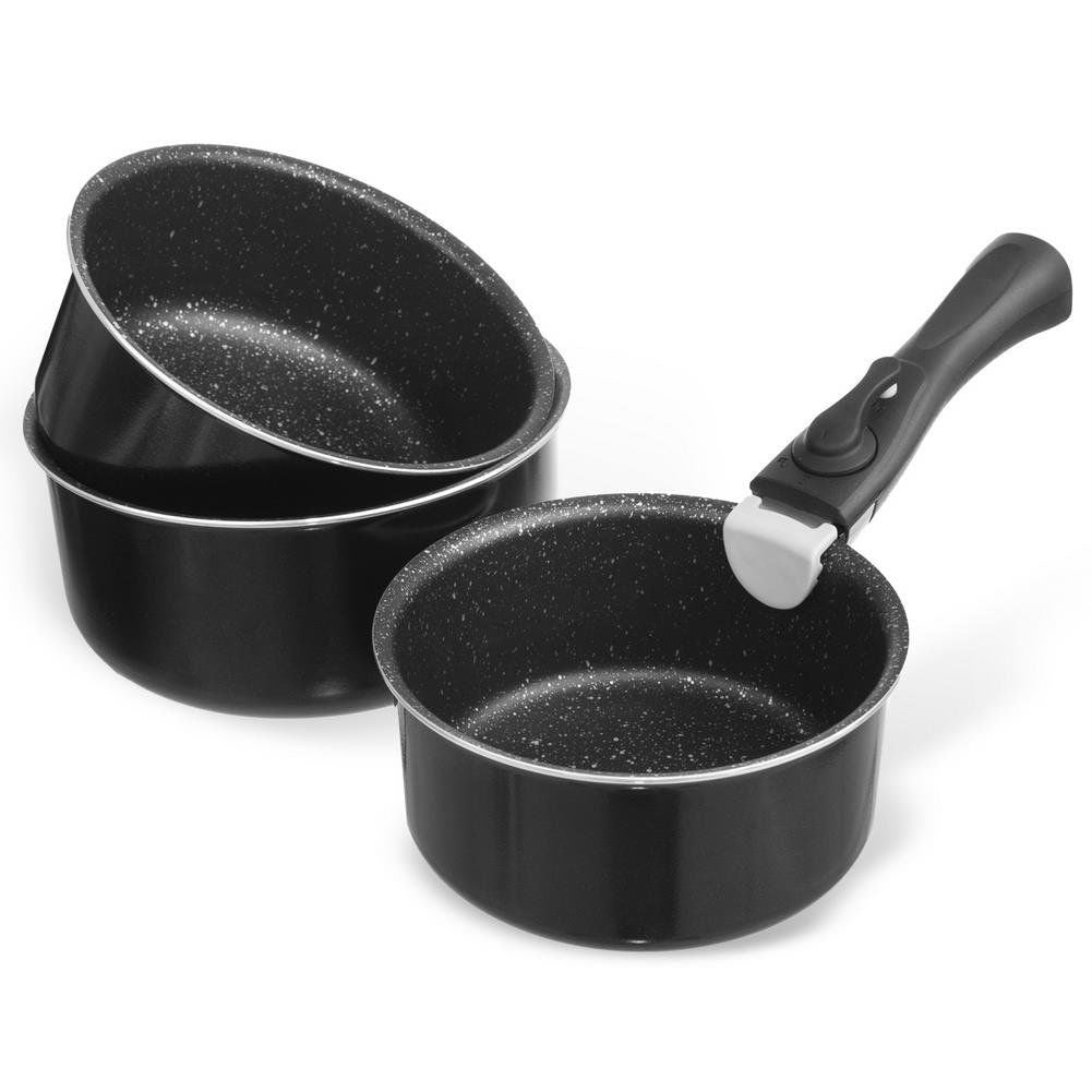Set of 3 pans: removable handle, non-stick, induction