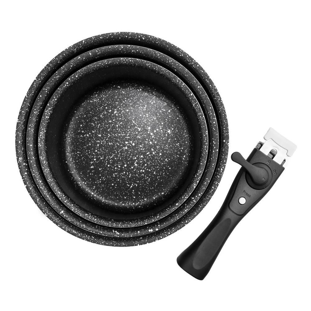 Set of 3 pans: removable handle, non-stick, induction