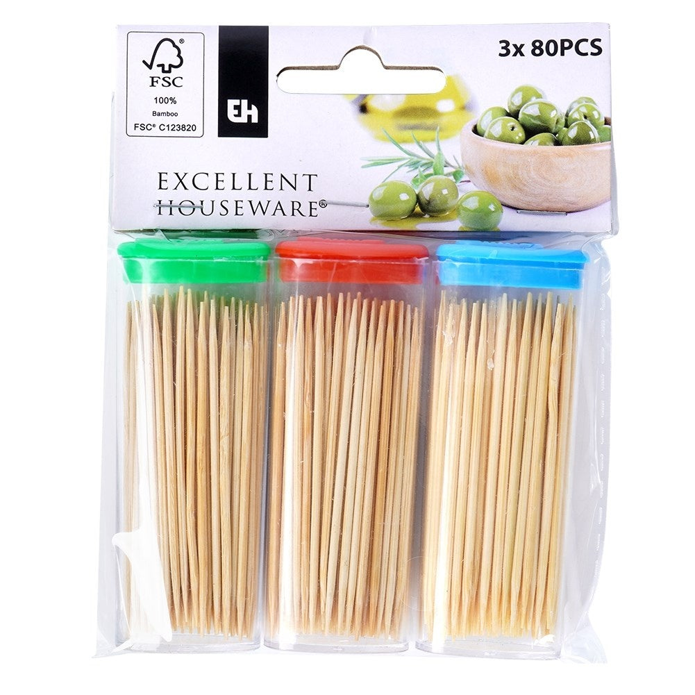 Set of 3 pk. wooden toothpicks, 80 pcs per pack. Perfect for snacks