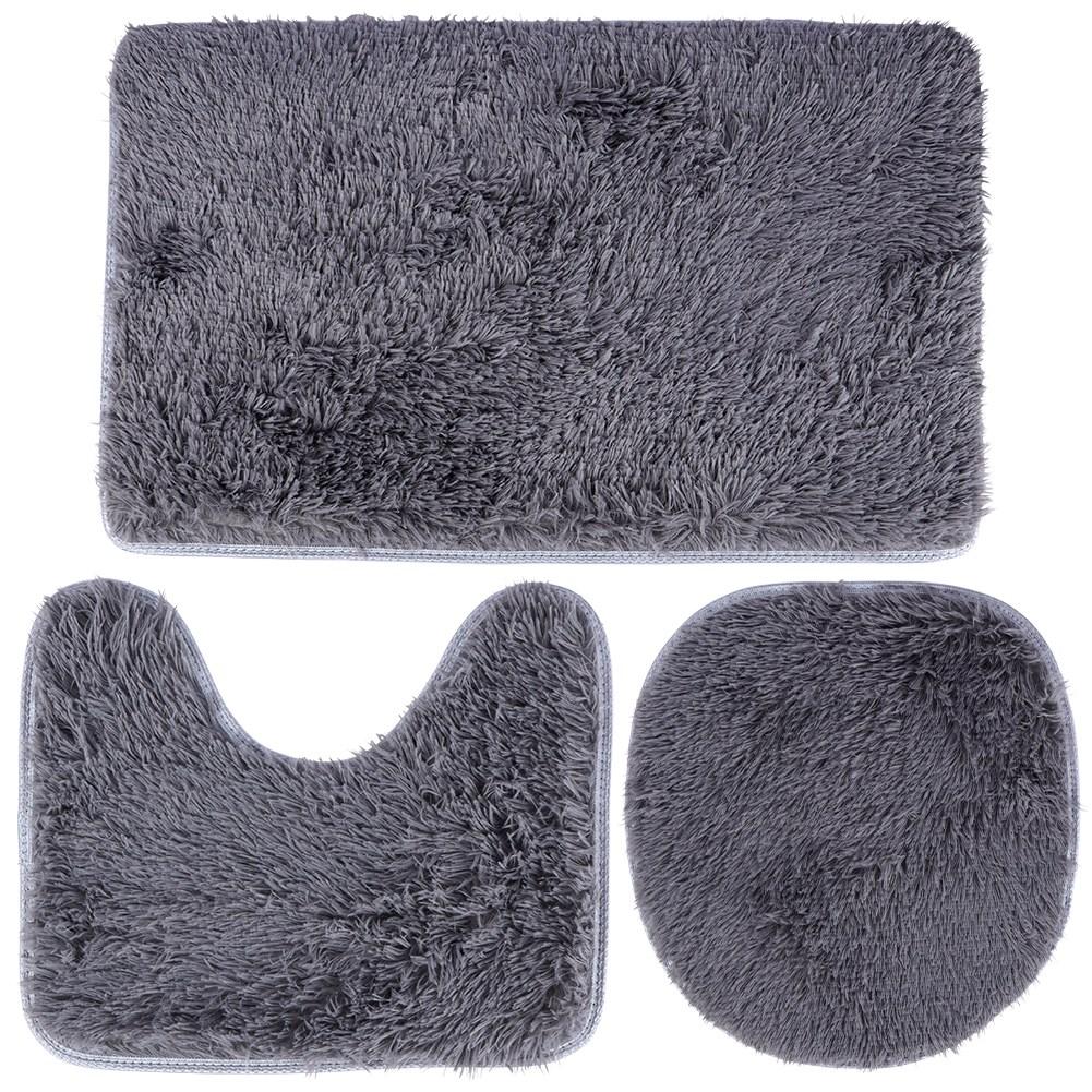Set of 3 soft gray bathroom rugs incl. toilet seat cover