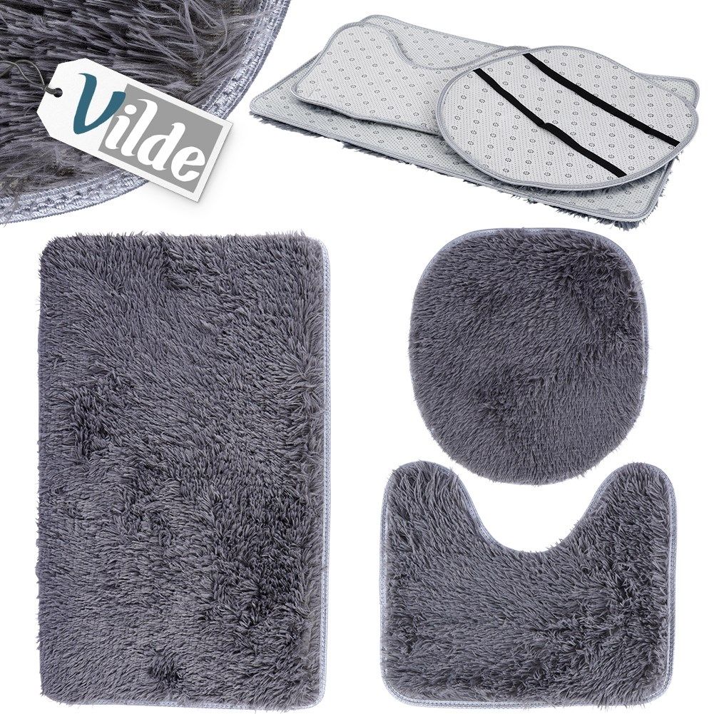 Set of 3 soft gray bathroom rugs incl. toilet seat cover