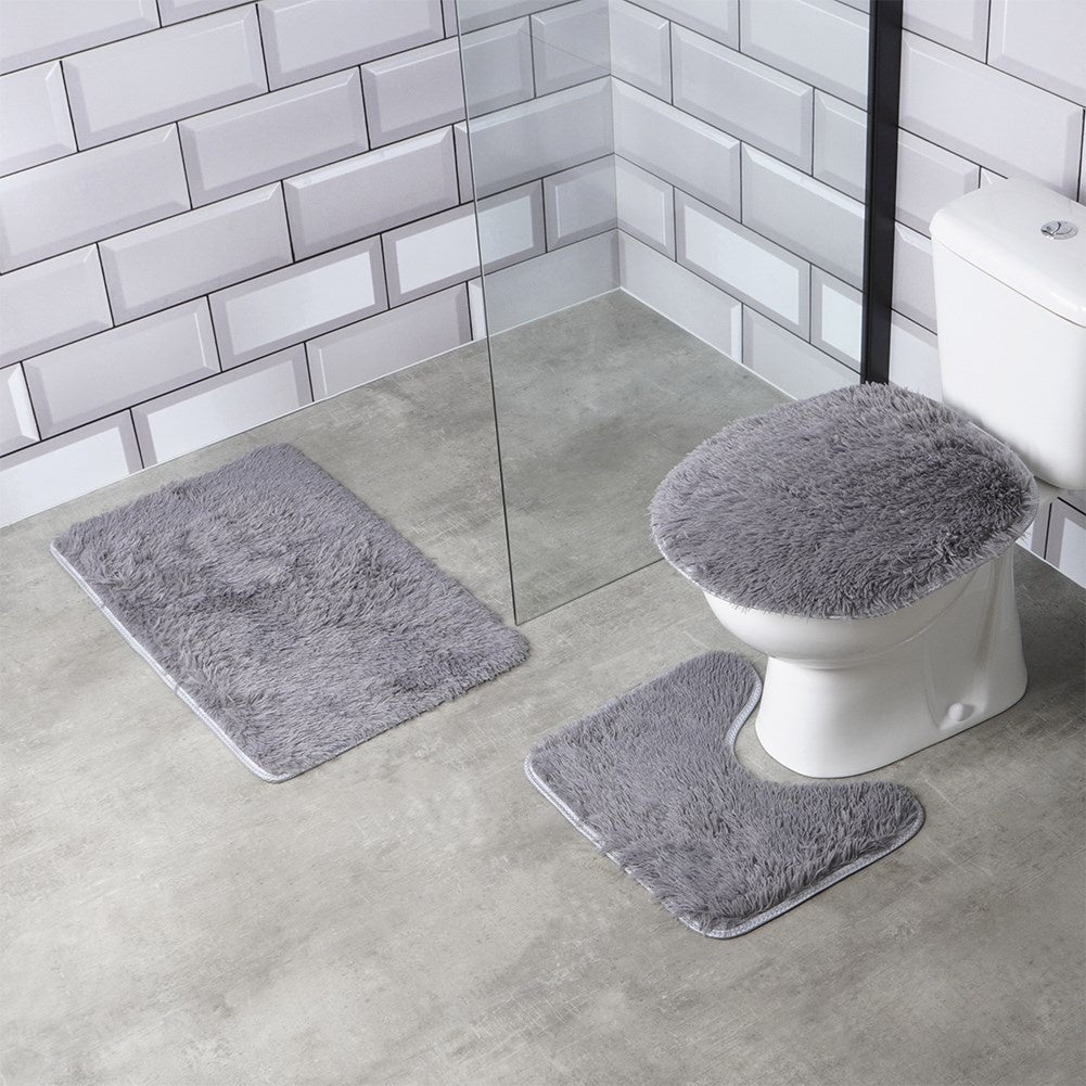 Set of 3 soft gray bathroom rugs incl. toilet seat cover