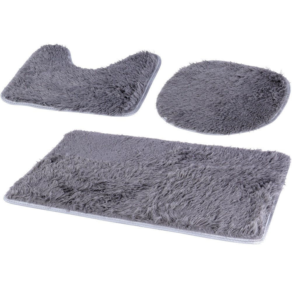 Set of 3 soft gray bathroom rugs incl. toilet seat cover