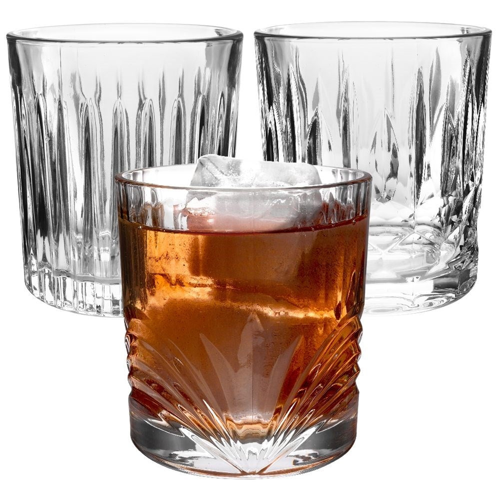 Set of 3 thick glasses with different decorations, dishwasher safe