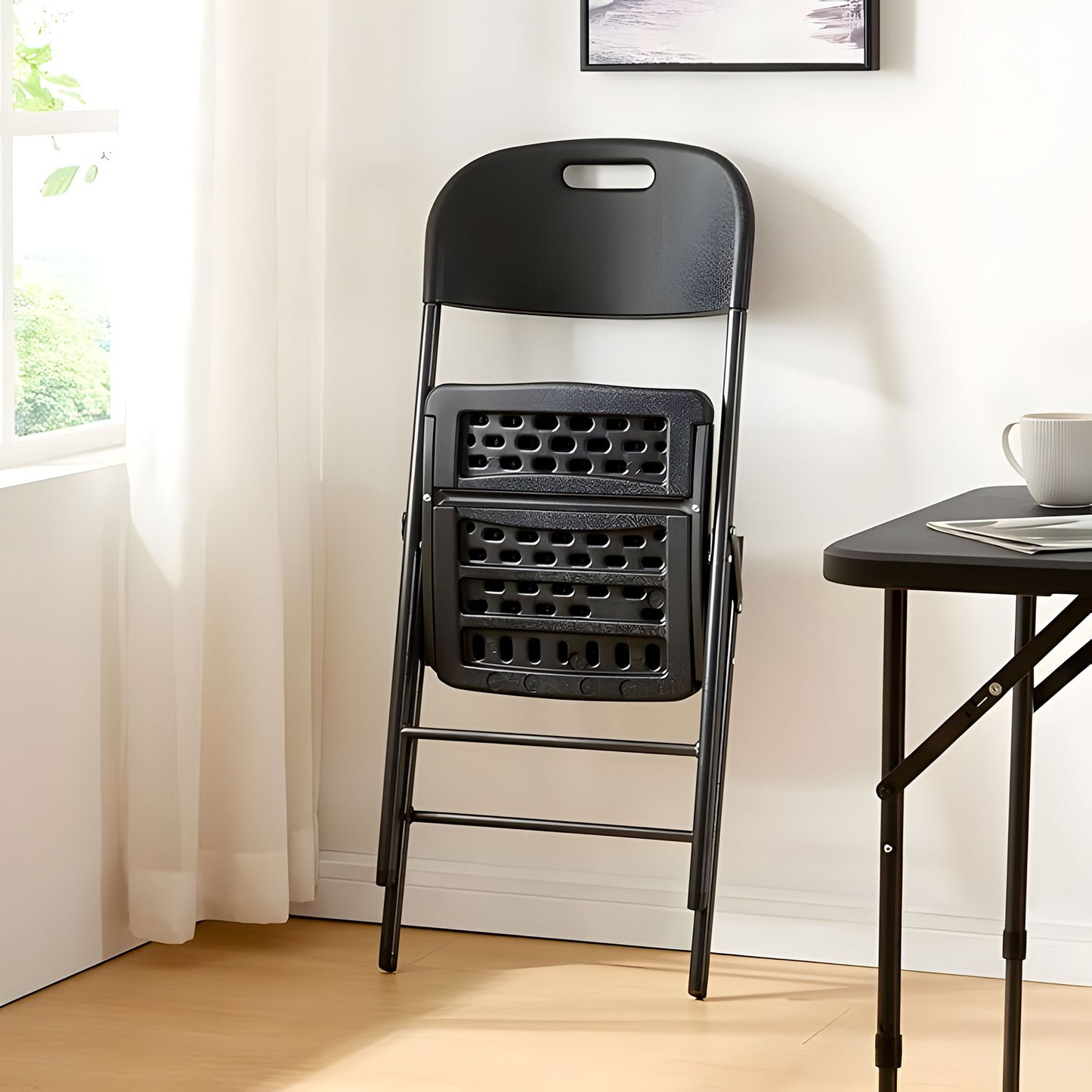 Set of 4 Folding Chairs – Catering Set, Metal & HDPE, Black ModernHome