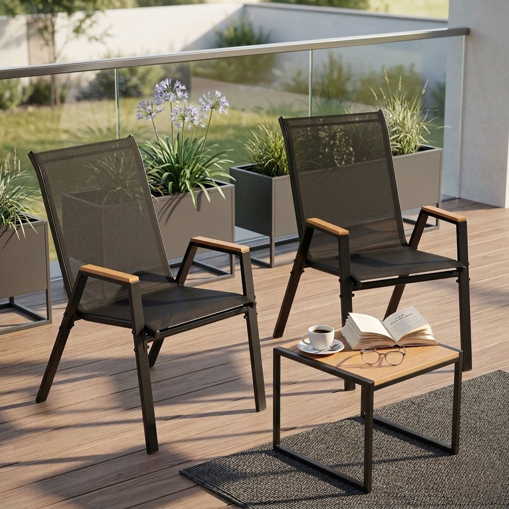 Set of 4 Stackable Garden Chairs, Black, Steel & Mesh