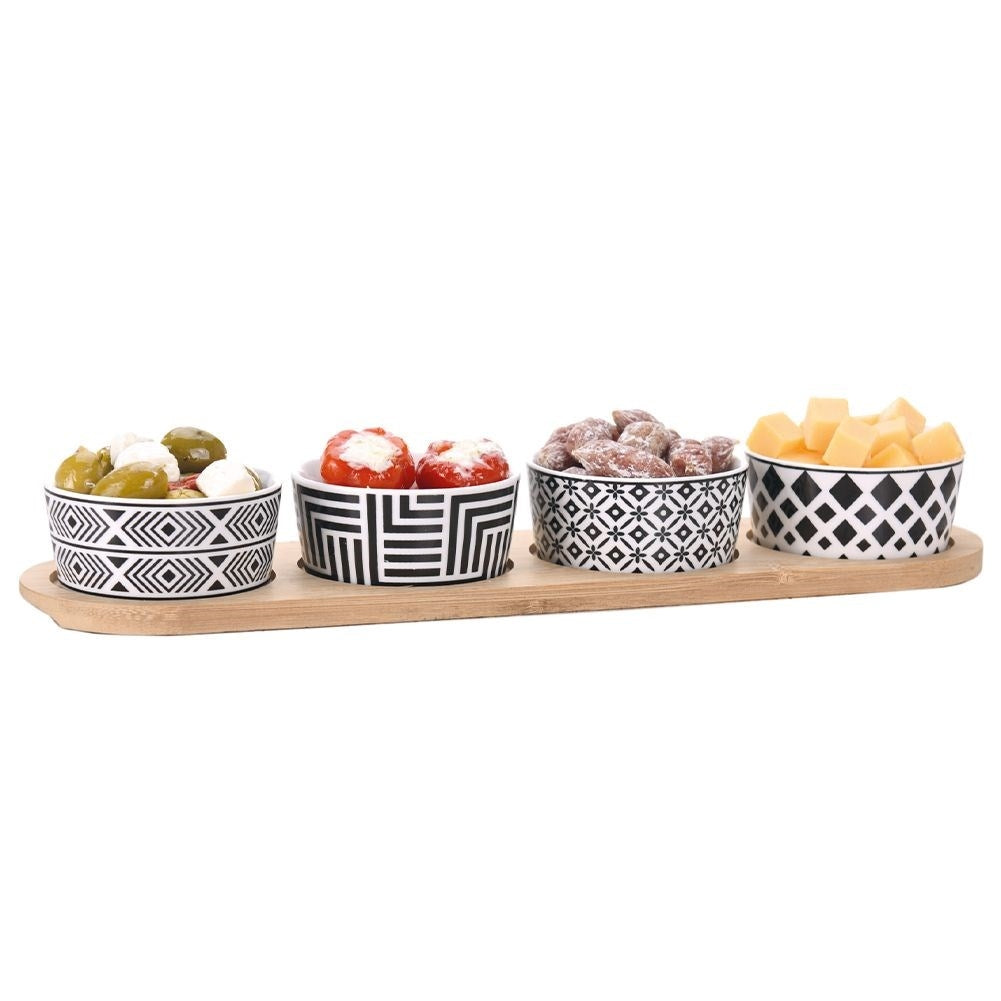 Set of 4 ceramic bowls on a bamboo tray for snacks and dips