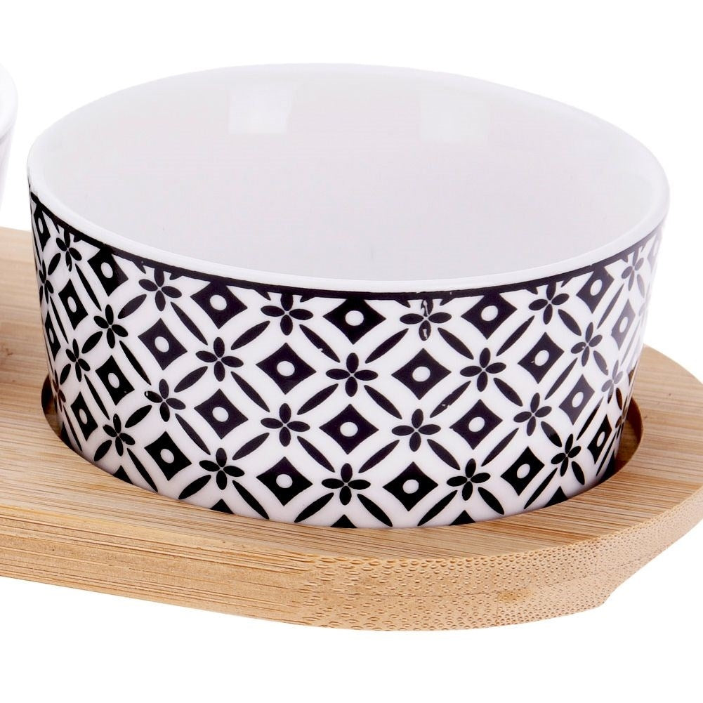 Set of 4 ceramic bowls on a bamboo tray for snacks and dips