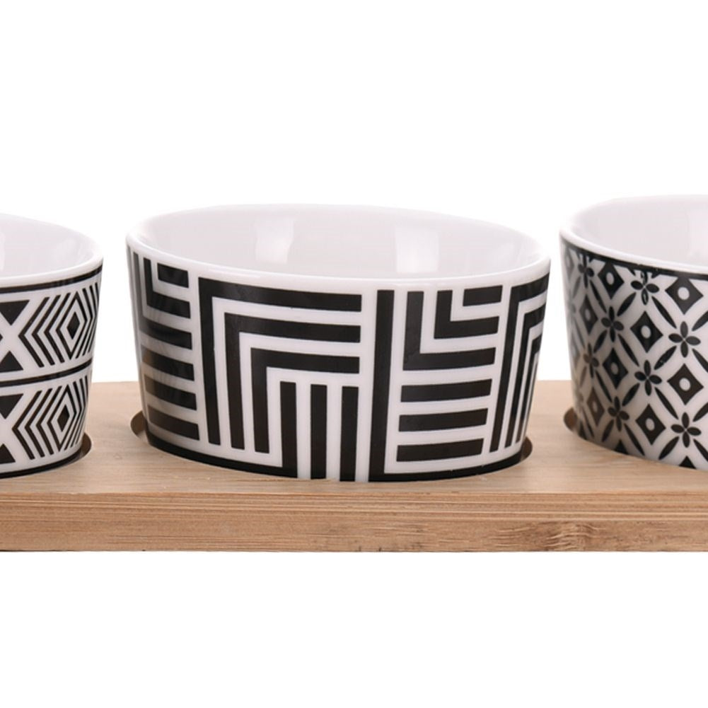 Set of 4 ceramic bowls on a bamboo tray for snacks and dips