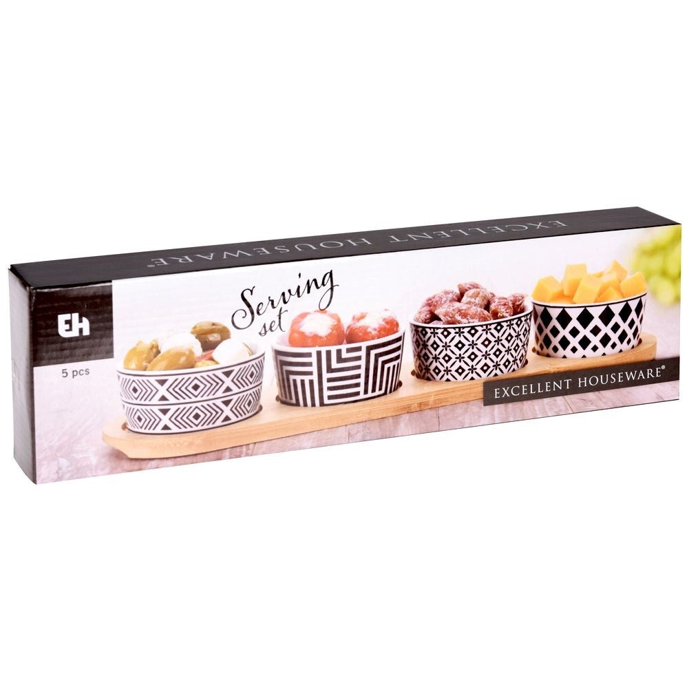 Set of 4 ceramic bowls on a bamboo tray for snacks and dips