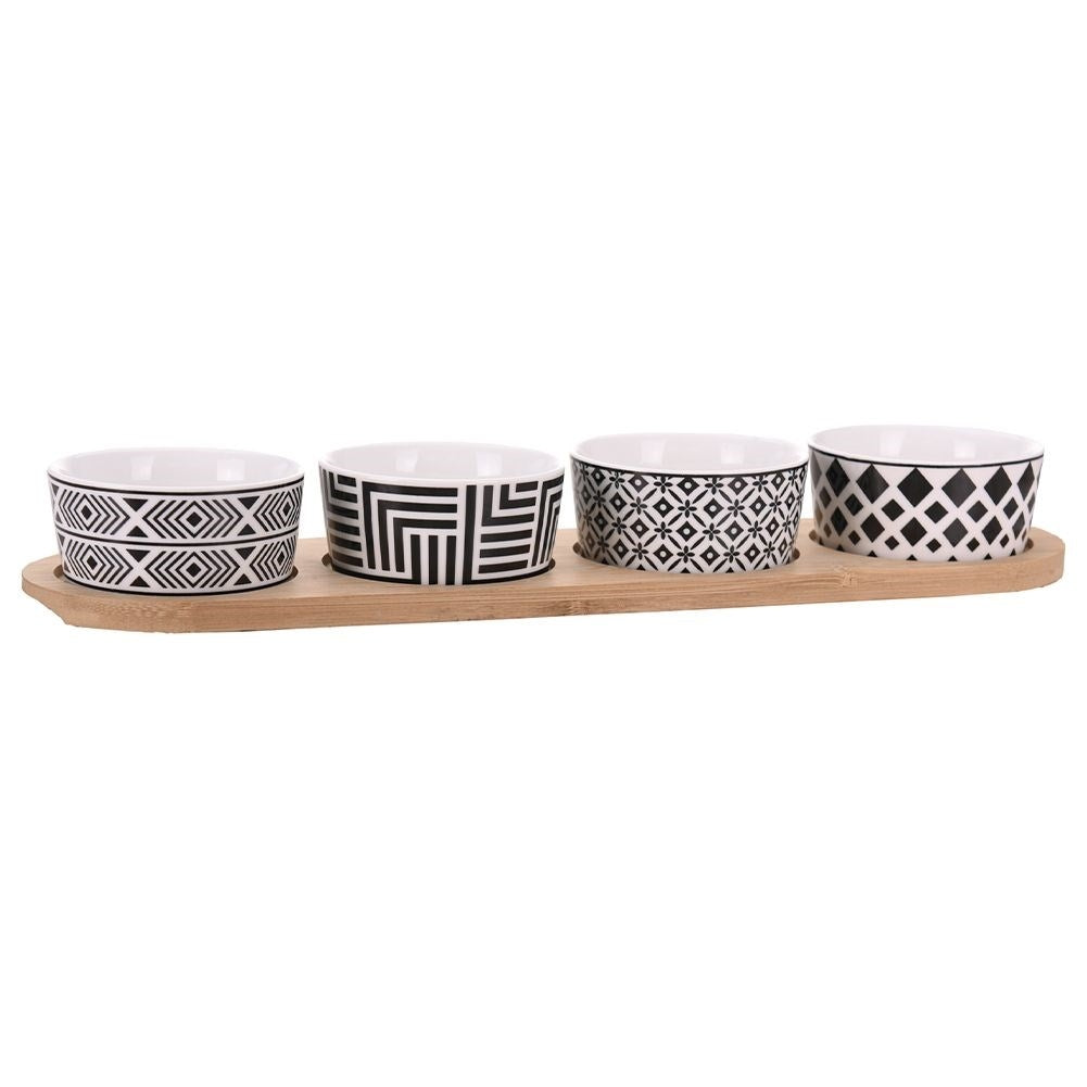 Set of 4 ceramic bowls on a bamboo tray for snacks and dips