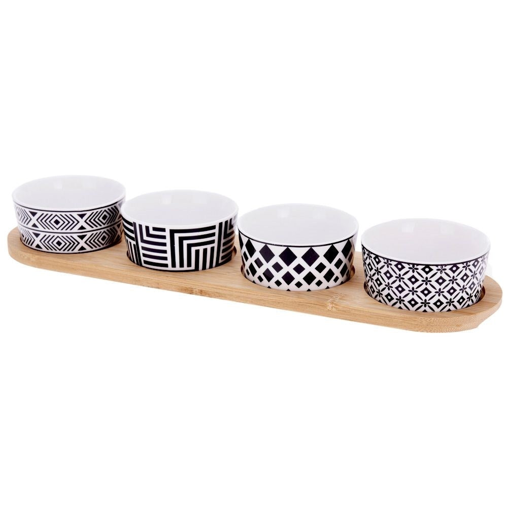 Set of 4 ceramic bowls on a bamboo tray for snacks and dips