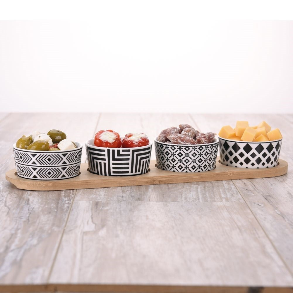 Set of 4 ceramic bowls on a bamboo tray for snacks and dips
