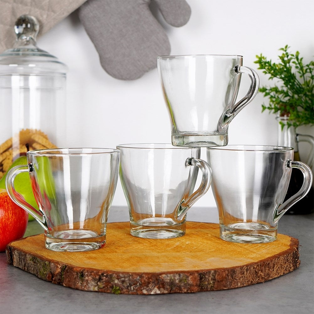 Set of 4 glasses with handles, thick glass, dishwasher and microwave safe