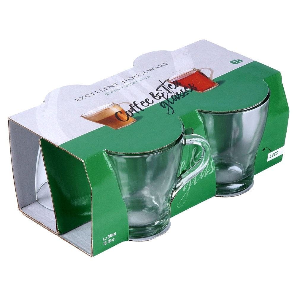 Set of 4 glasses with handles, thick glass, dishwasher and microwave safe