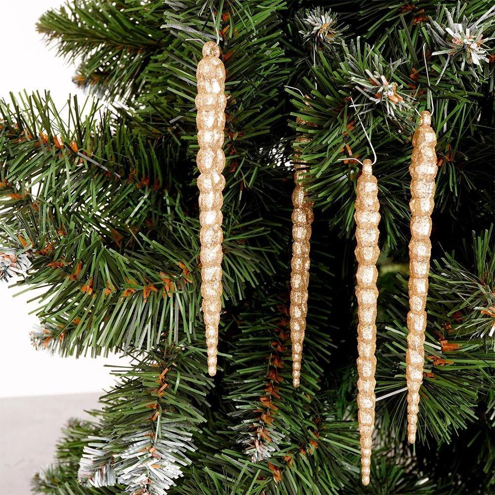 Set of 4 gold glitter icicle decorations in acrylic