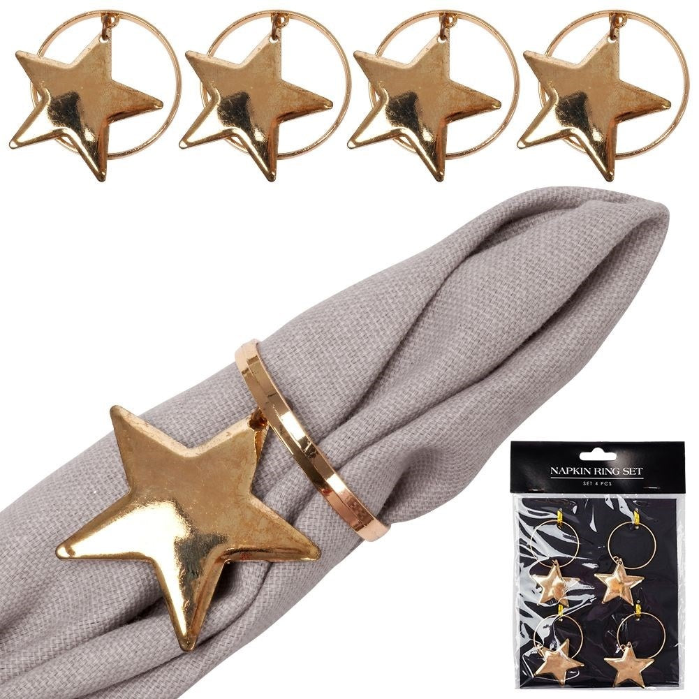 Set of 4 gold napkin rings with stars, 4 cm diameter