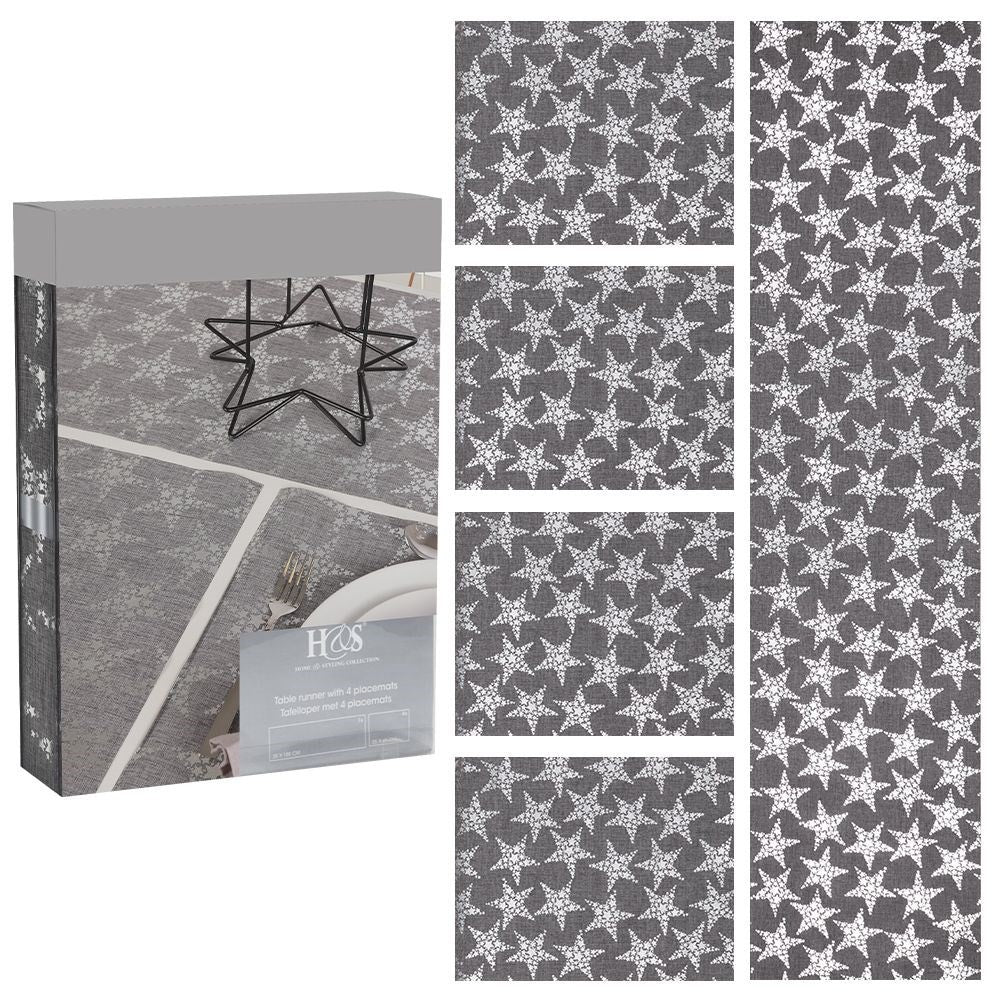 Set of 4 gray place mats and runners with silver stars