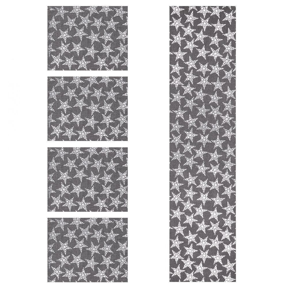 Set of 4 gray place mats and runners with silver stars
