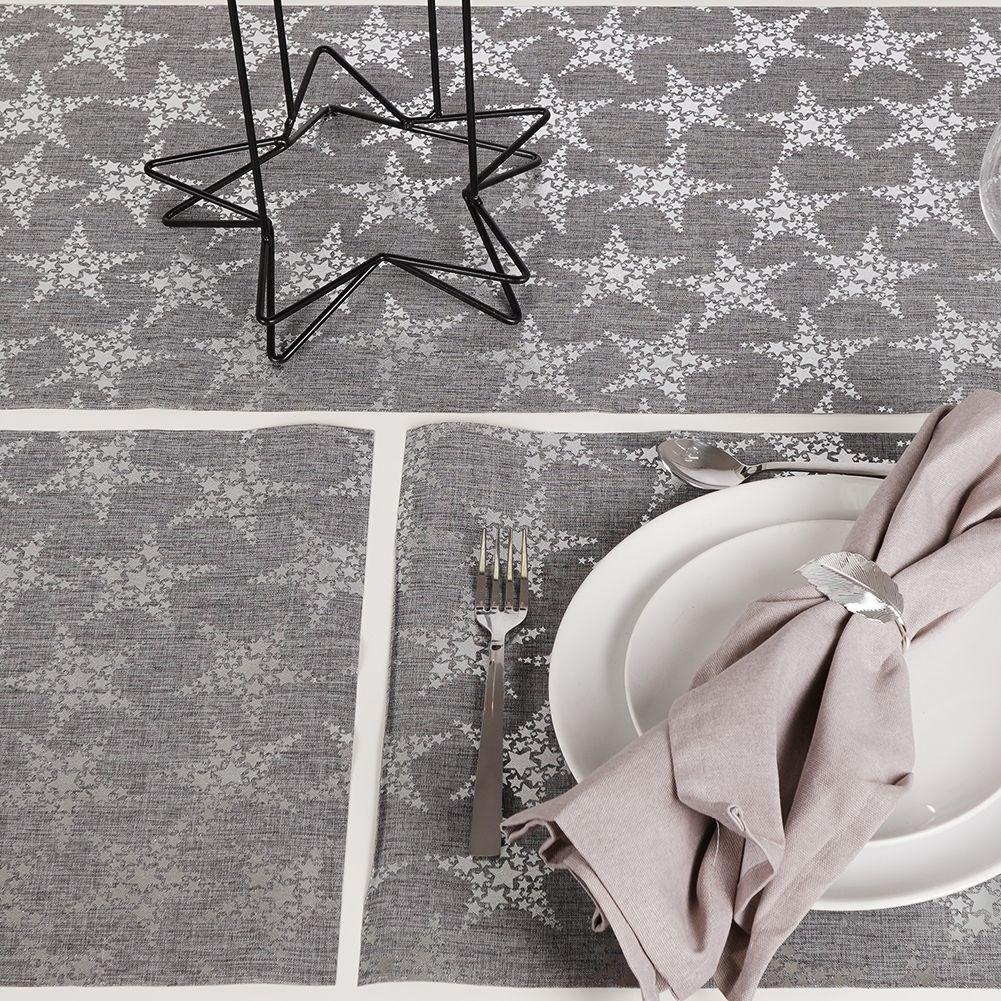Set of 4 gray place mats and runners with silver stars