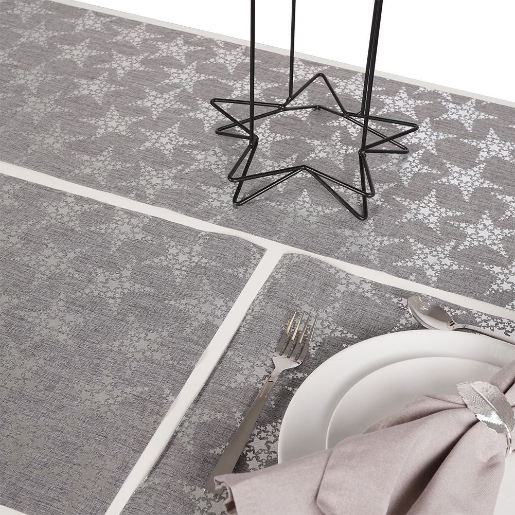 Set of 4 gray place mats and runners with silver stars