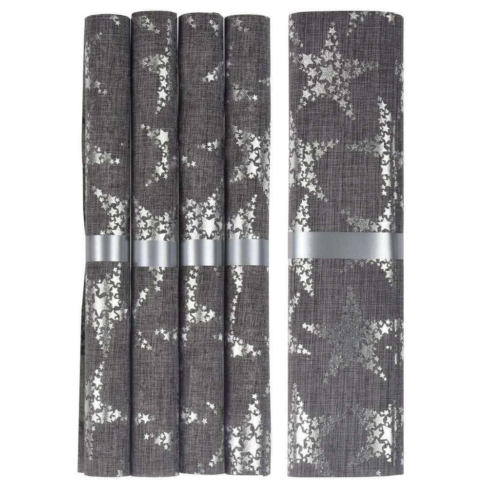 Set of 4 gray place mats and runners with silver stars