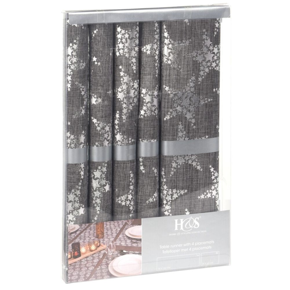Set of 4 gray place mats and runners with silver stars