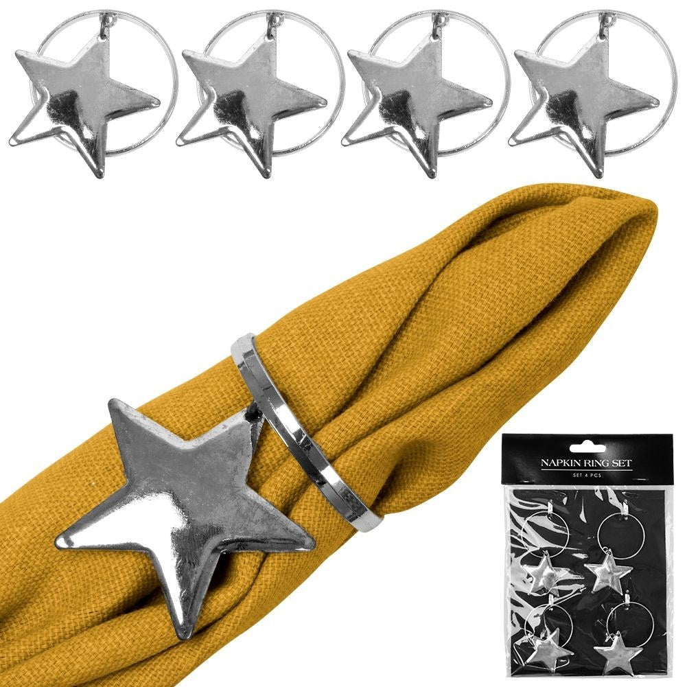 Set of 4 napkin rings in silver with star decoration