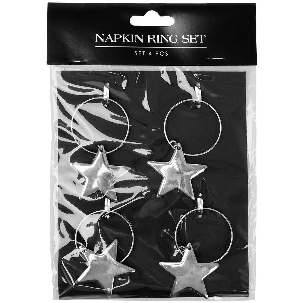 Set of 4 napkin rings in silver with star decoration