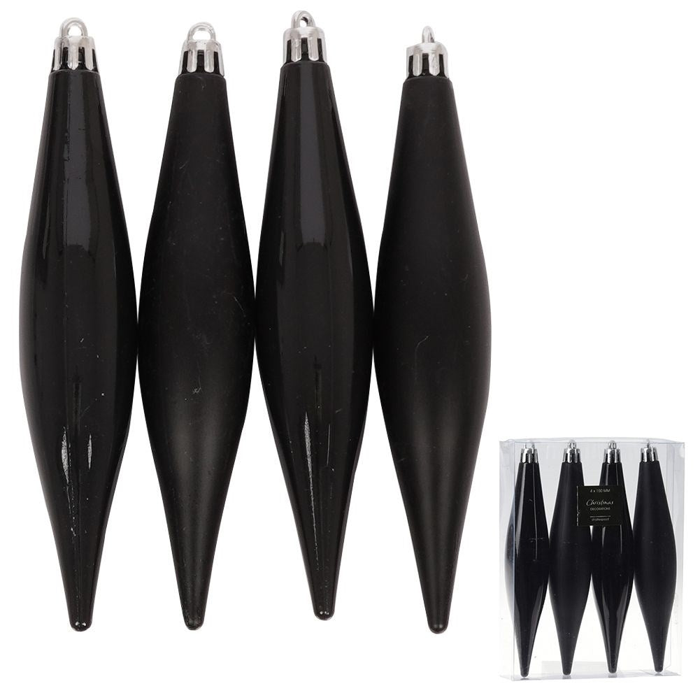Set of 4 unbreakable black Christmas tree balls in icicle shape