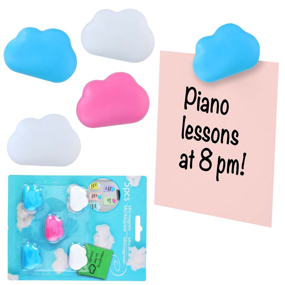 Set of 5 cloud magnets for refrigerators in white, pink and blue