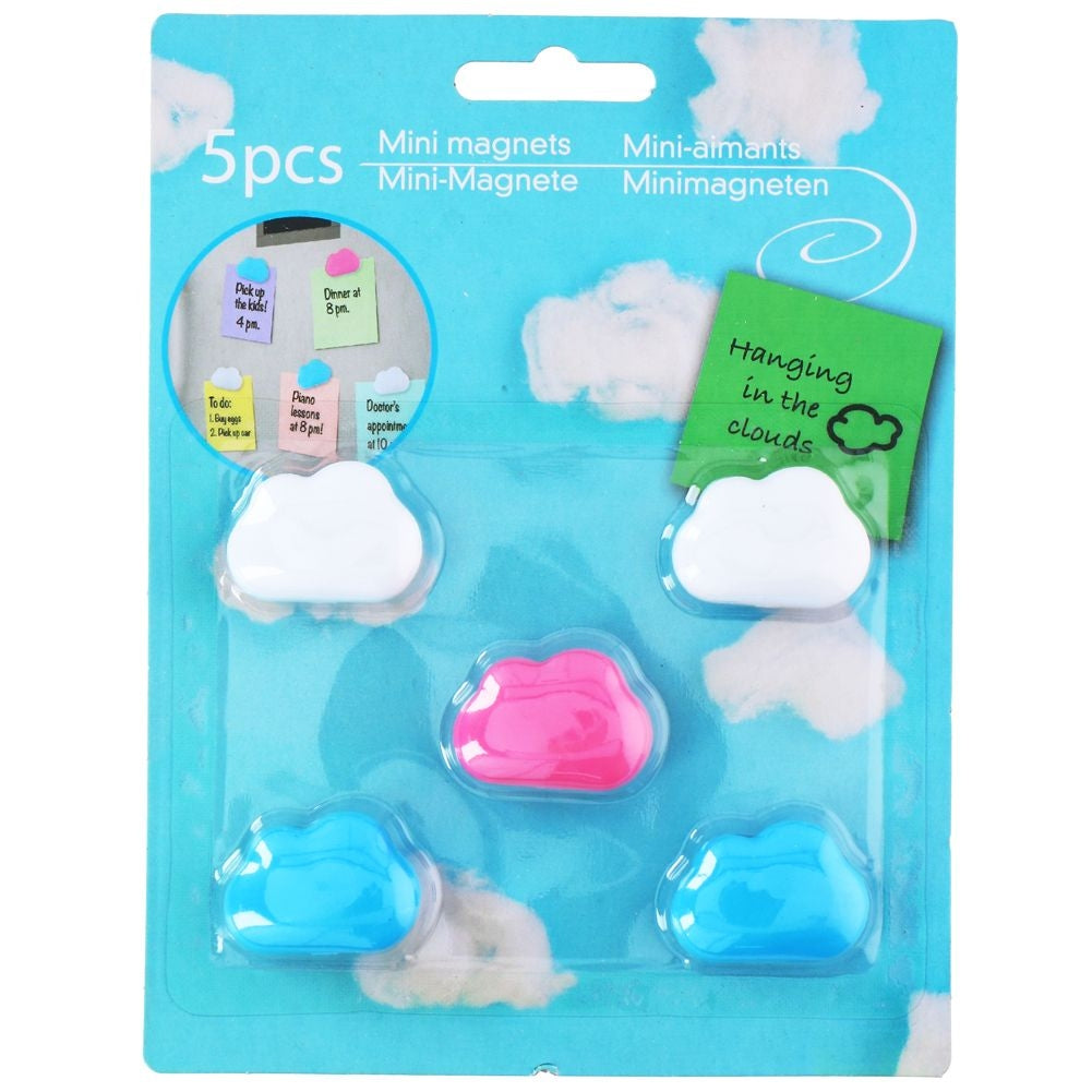 Set of 5 cloud magnets for refrigerators in white, pink and blue