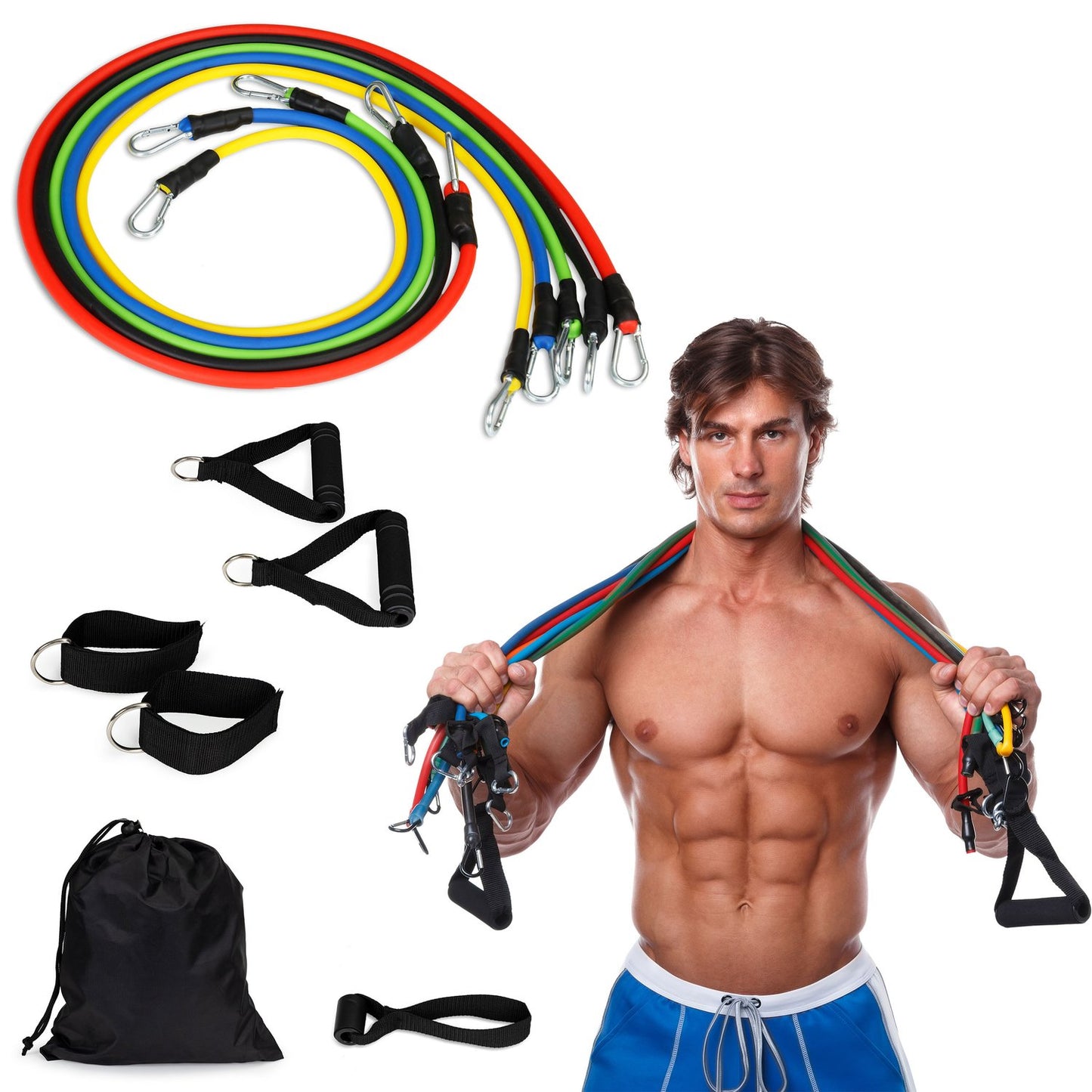 Set of 5 exercise bands expanders for fitness with grips