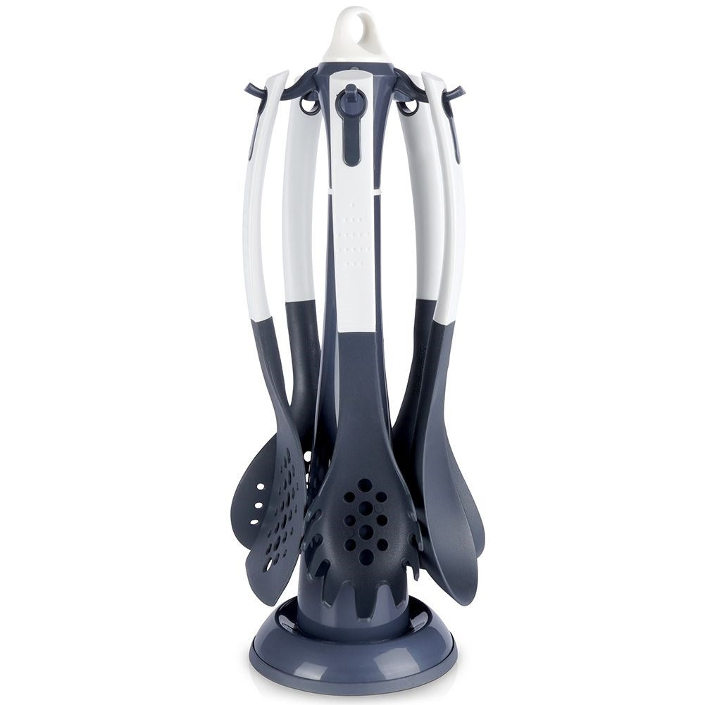 Set of 5 kitchen utensils in nylon with stand, white/graphite grey