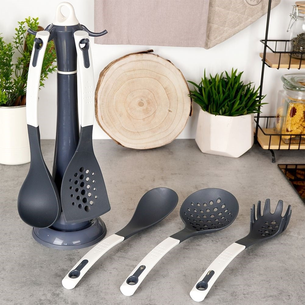 Set of 5 kitchen utensils in nylon with stand, white/graphite grey