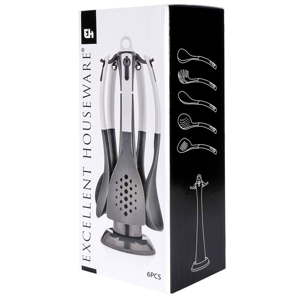 Set of 5 kitchen utensils in nylon with stand, white/graphite grey