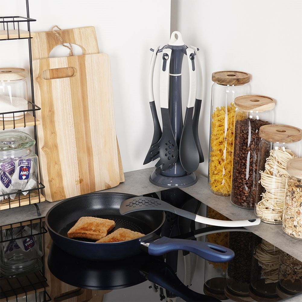 Set of 5 kitchen utensils in nylon with stand, white/graphite grey
