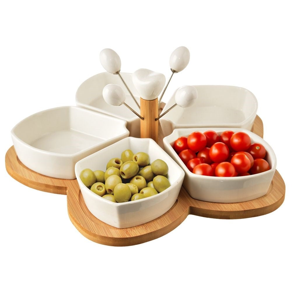Set of 5 porcelain bowls on bamboo tray with 4 skewers