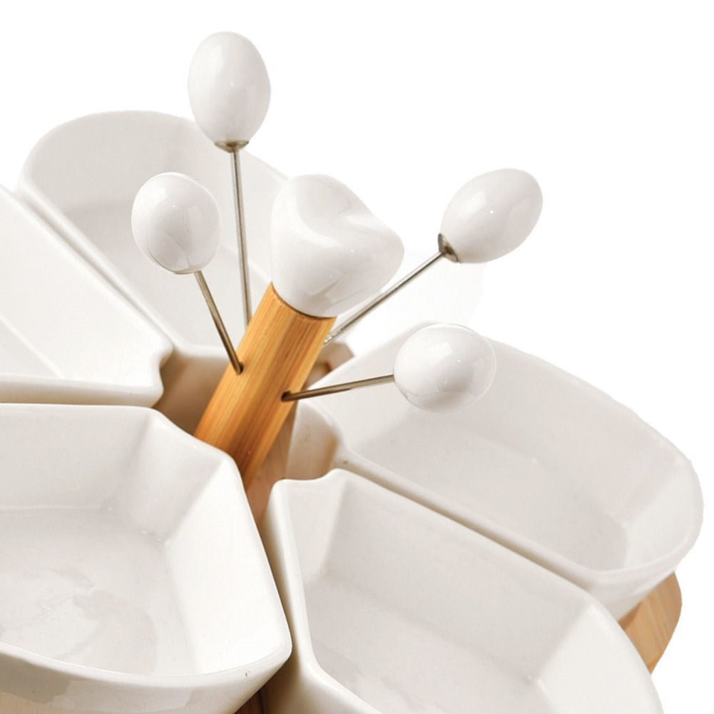 Set of 5 porcelain bowls on bamboo tray with 4 skewers
