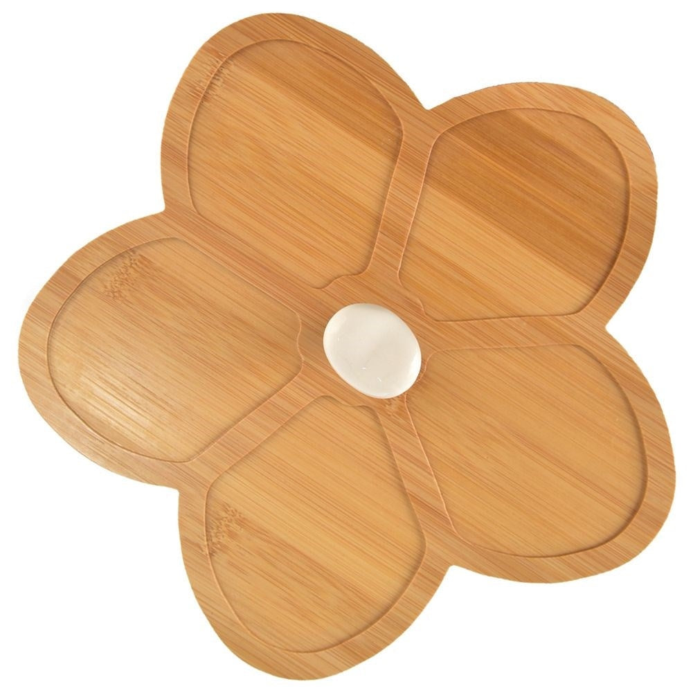 Set of 5 porcelain bowls on bamboo tray with 4 skewers