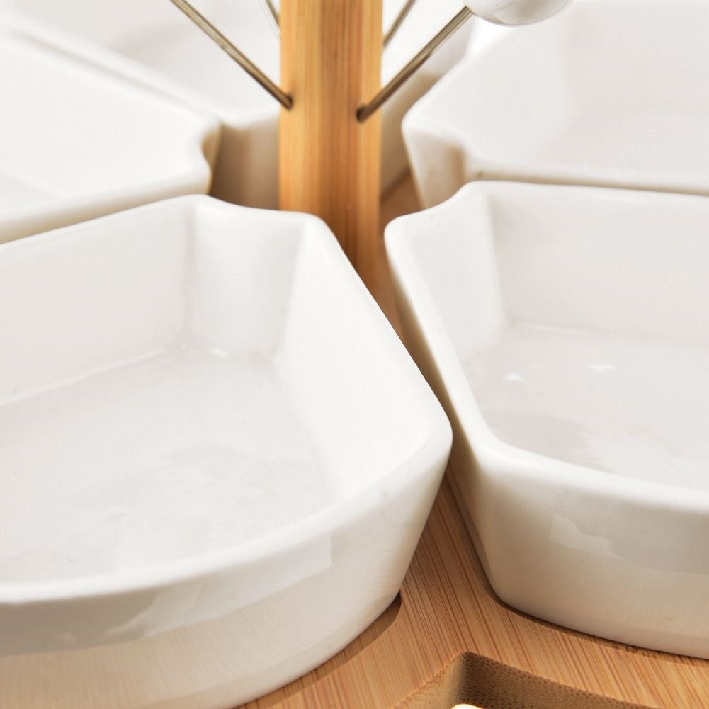 Set of 5 porcelain bowls on bamboo tray with 4 skewers