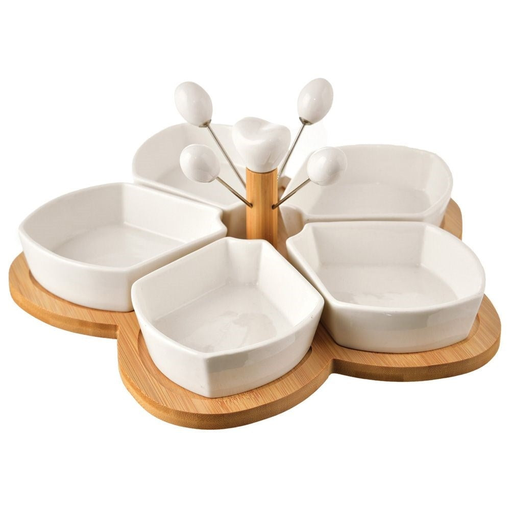 Set of 5 porcelain bowls on bamboo tray with 4 skewers